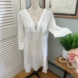 Antica Sartoria Tunic Dress Small Cream Gauzy Mini Beaded Boho Beach Minimalist